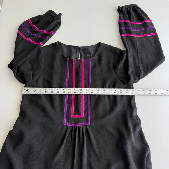 Anna Sui USA‎ Made Wool Woven Velvet Ribbon Peasant Flounce Black Pink Dress 8